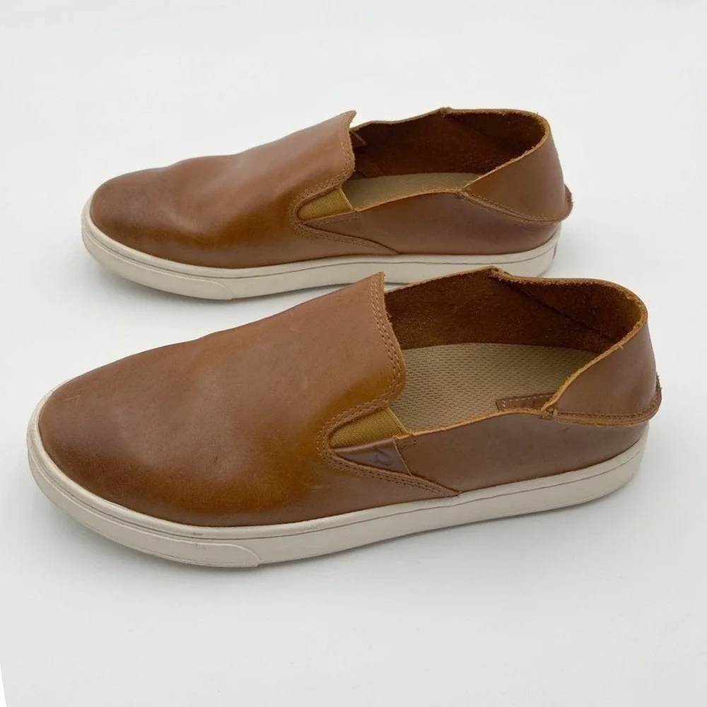 OluKai Womens Brown Pehuea Leather Round Toe Slip-On‎ Comfort Sneaker Shoes 8